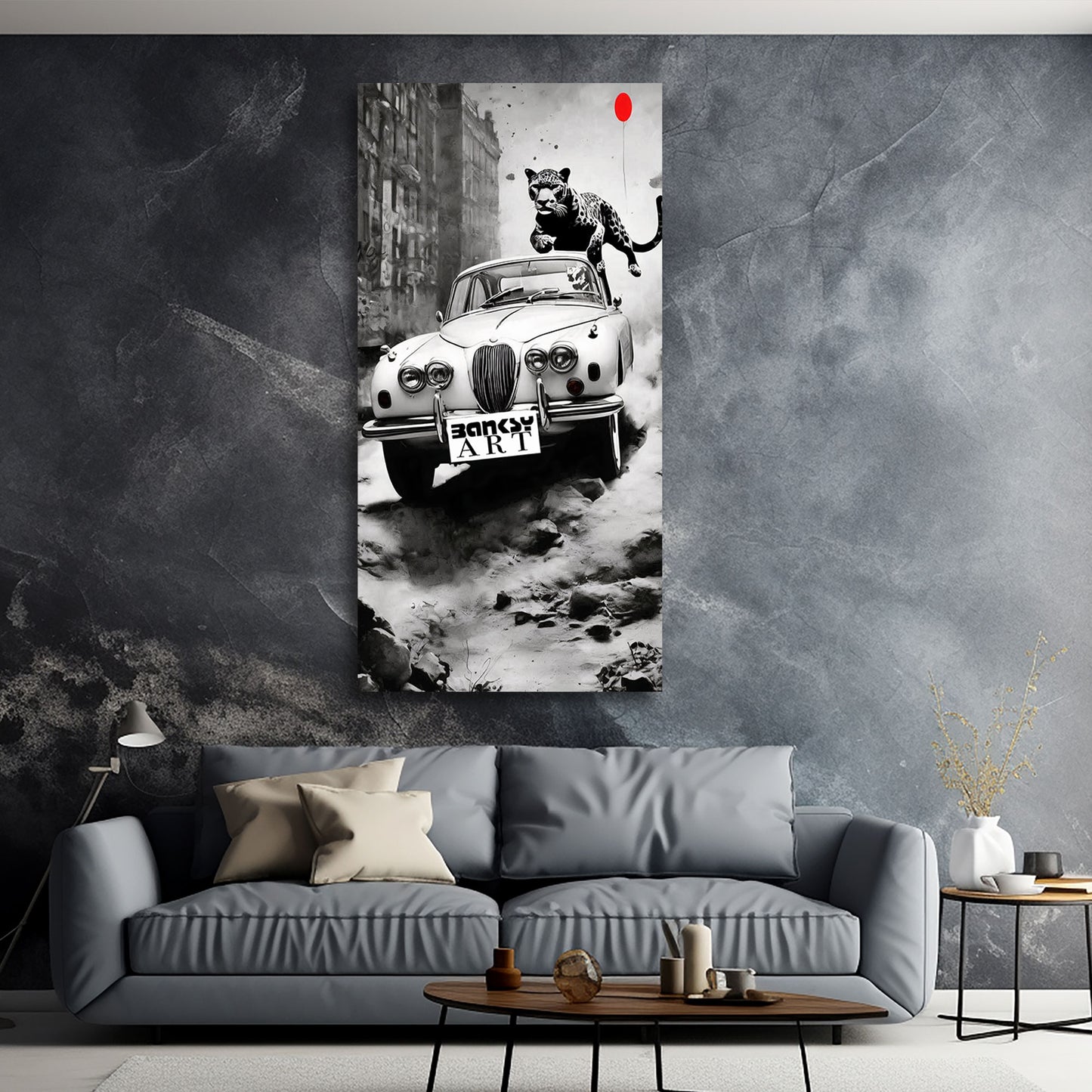 Street Art Leopard auf Auto mit rotem Ballon BANKSY-ART Wandbild