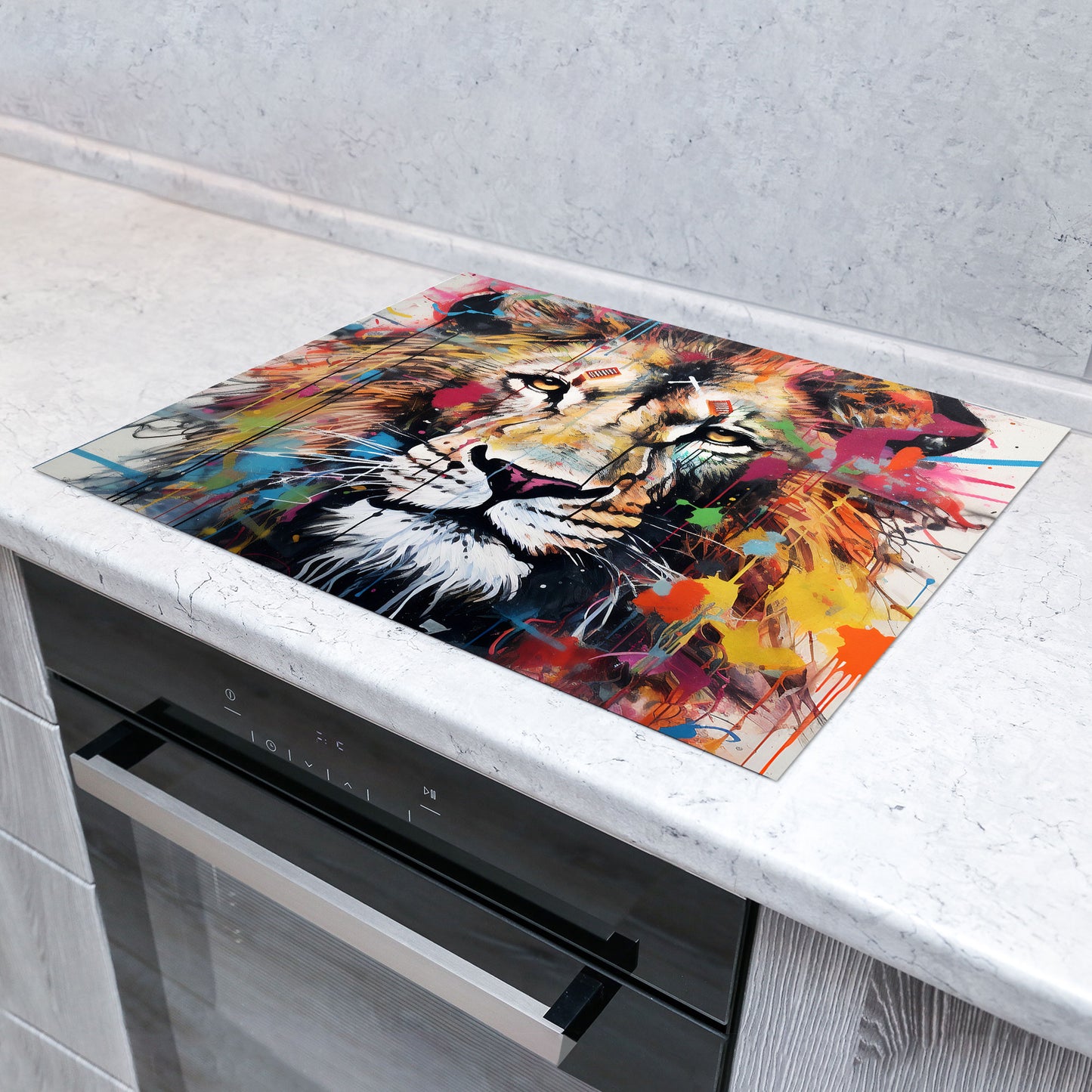 Street Art Löwenkopf Herdabdeckplatte Induktionsschutz für Ceranfeld & Küche Deko