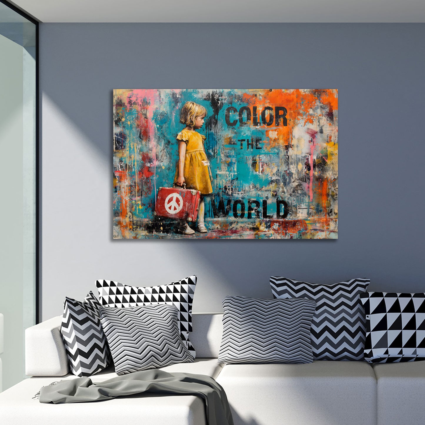 Street Art Mädchen Frieden-Symbol Reise Color The World Wandbild
