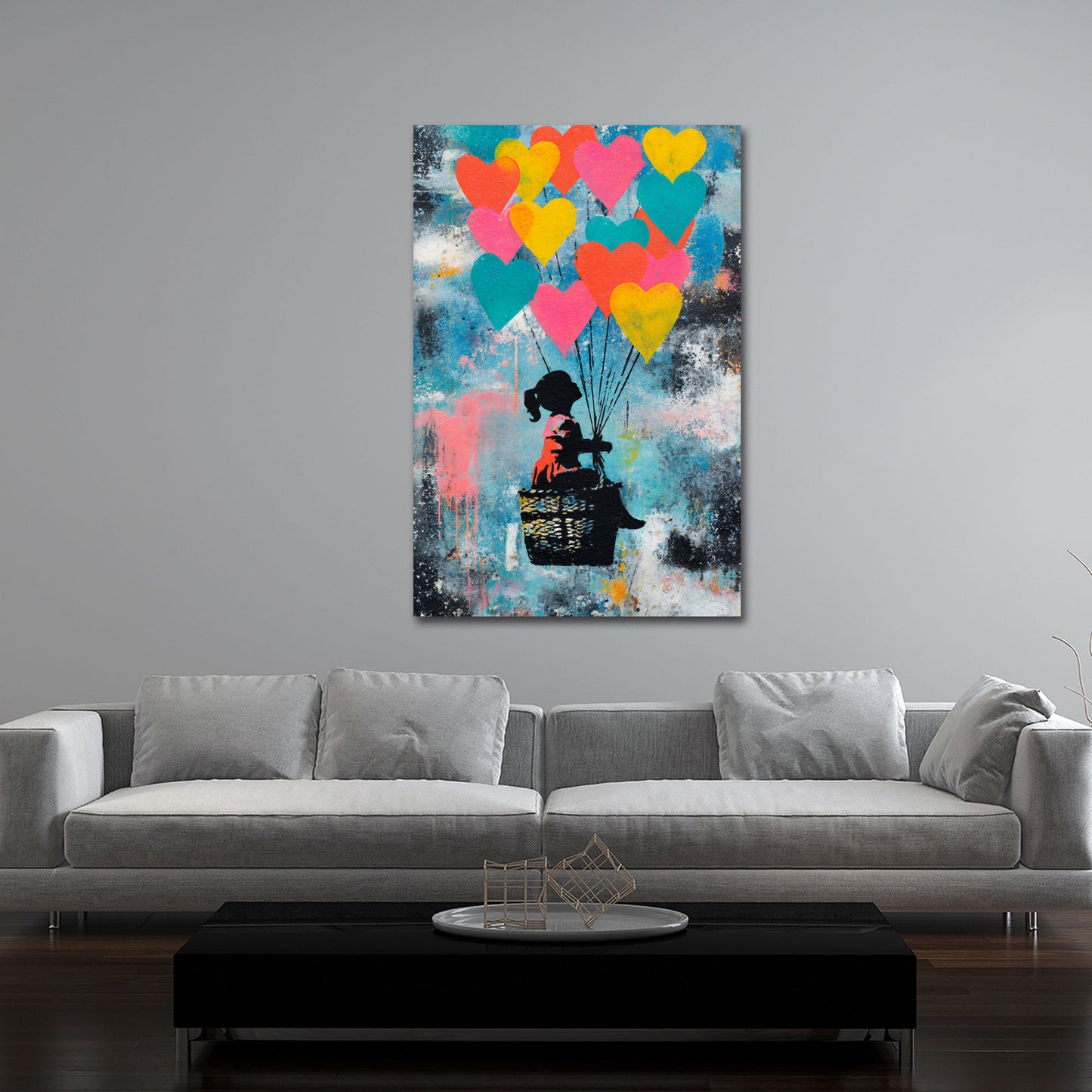 Street Art Mädchen Herz Ballons bunt Liebe Wandbild