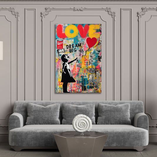 Street Art Mädchen Herzballon Love Dream Big Motivation Wandbild