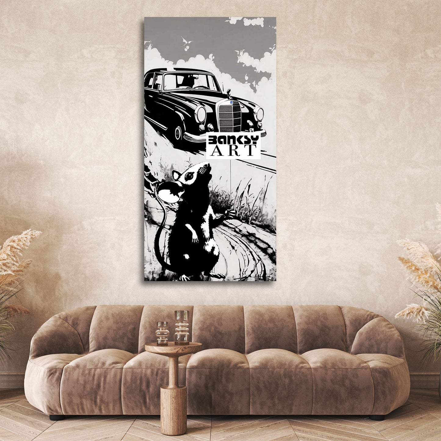 Street Art Ratte vor Oldtimer schwarz weiß BANKSY-ART Wandbild