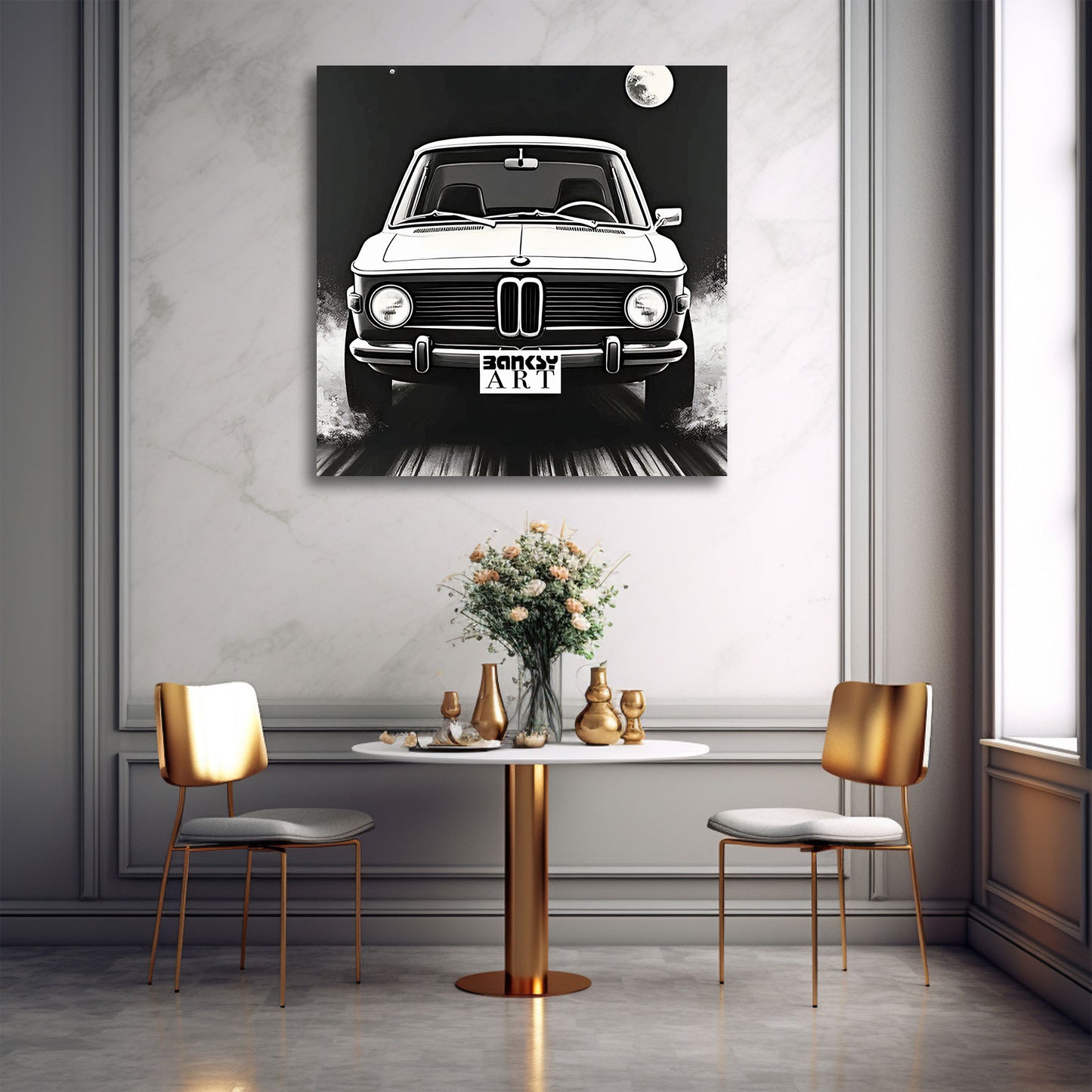 Street Art Retro Auto frontal bei Nacht BANKSY-ART Wandbild