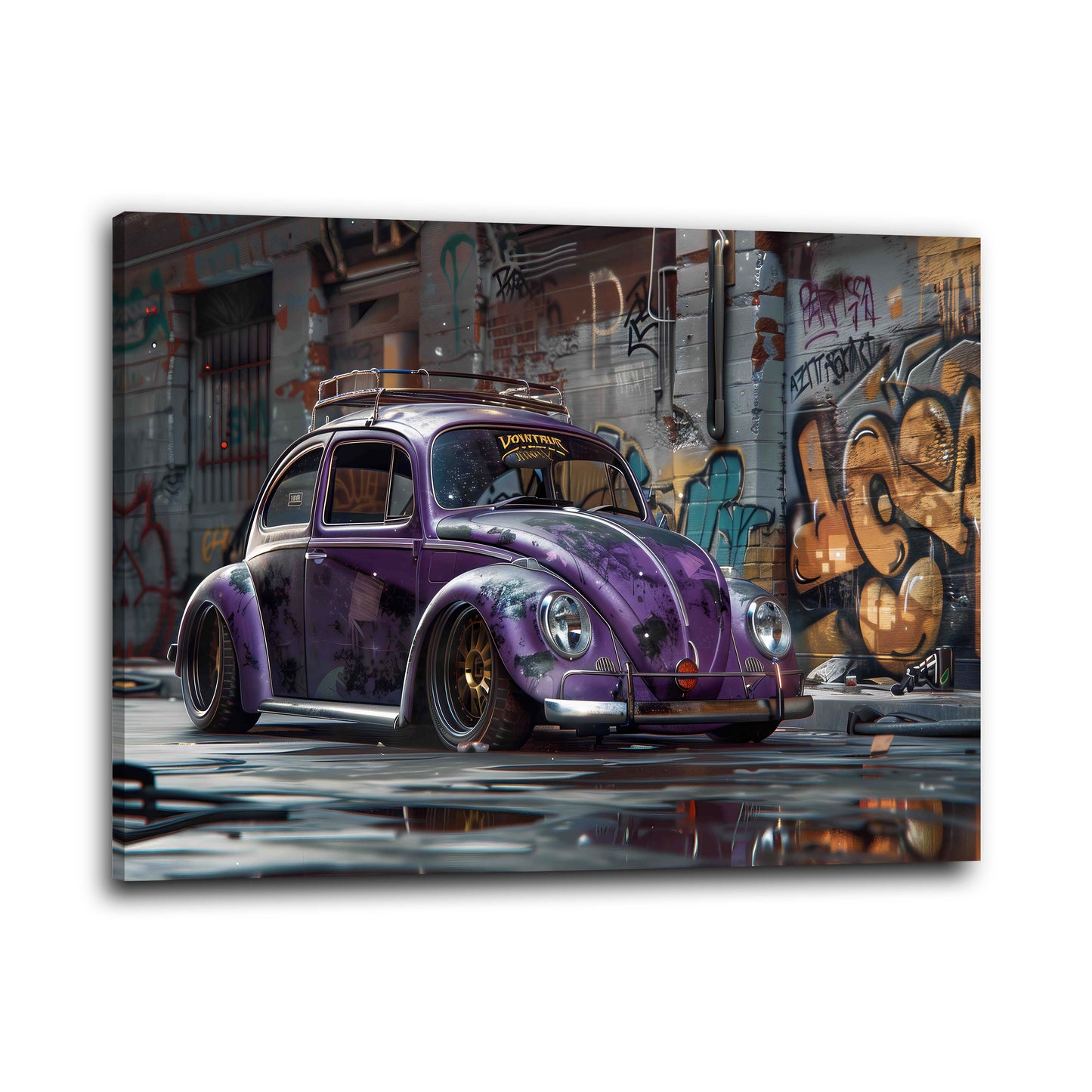 Street Art VW Käfer Lila Auto Graffiti Wandbild