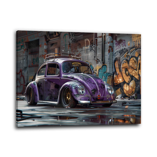Street Art VW Käfer Lila Auto Graffiti Wandbild
