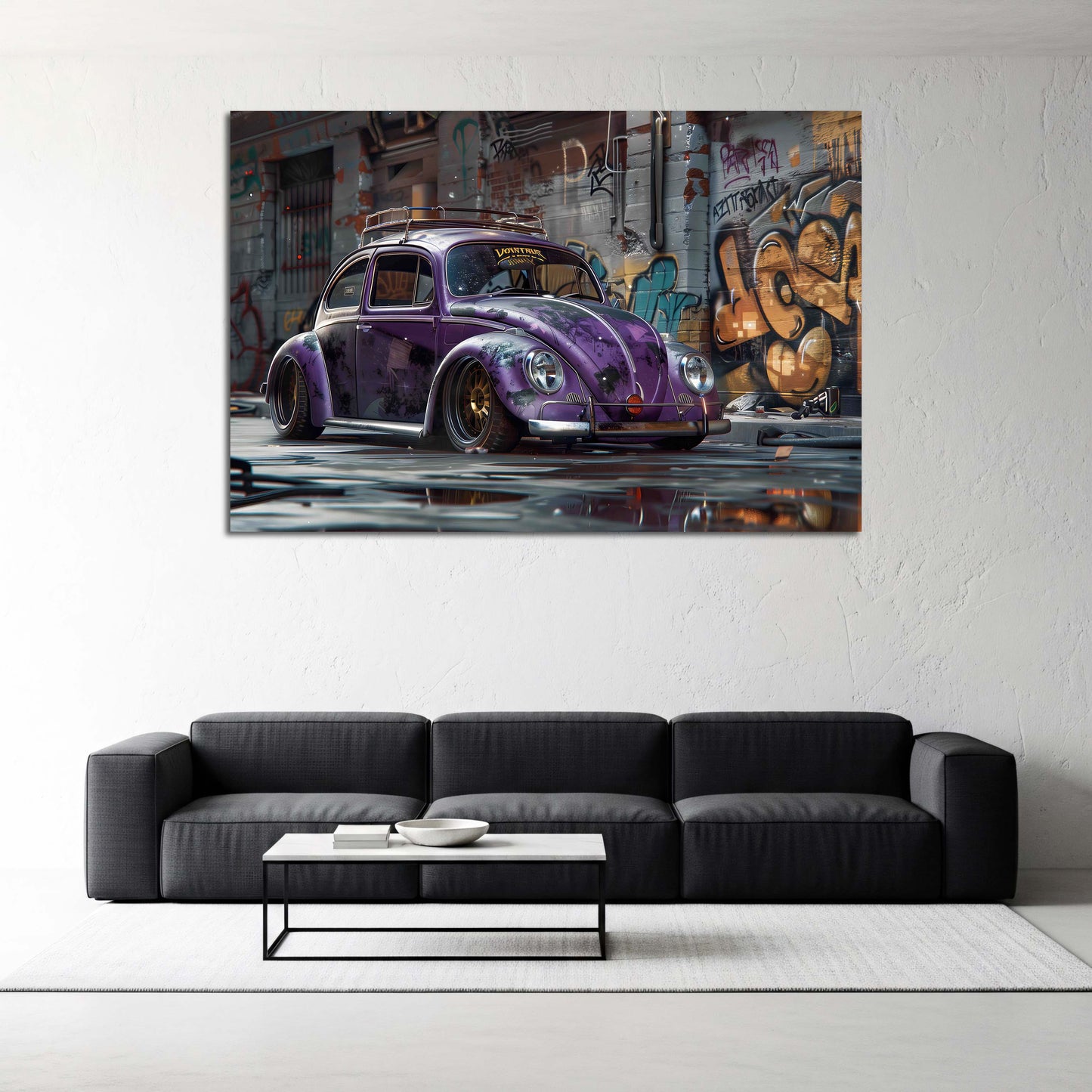 Street Art VW Käfer Lila Auto Graffiti Wandbild