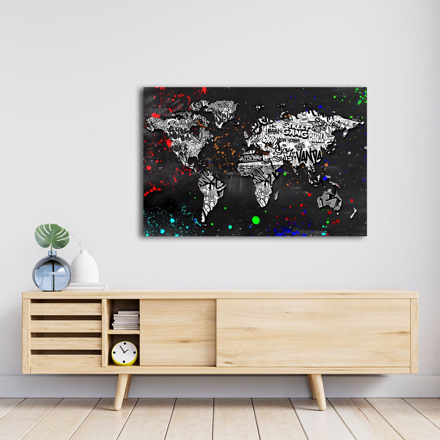 Street Art Weltkarte Graffiti schwarz weiß Wandbild