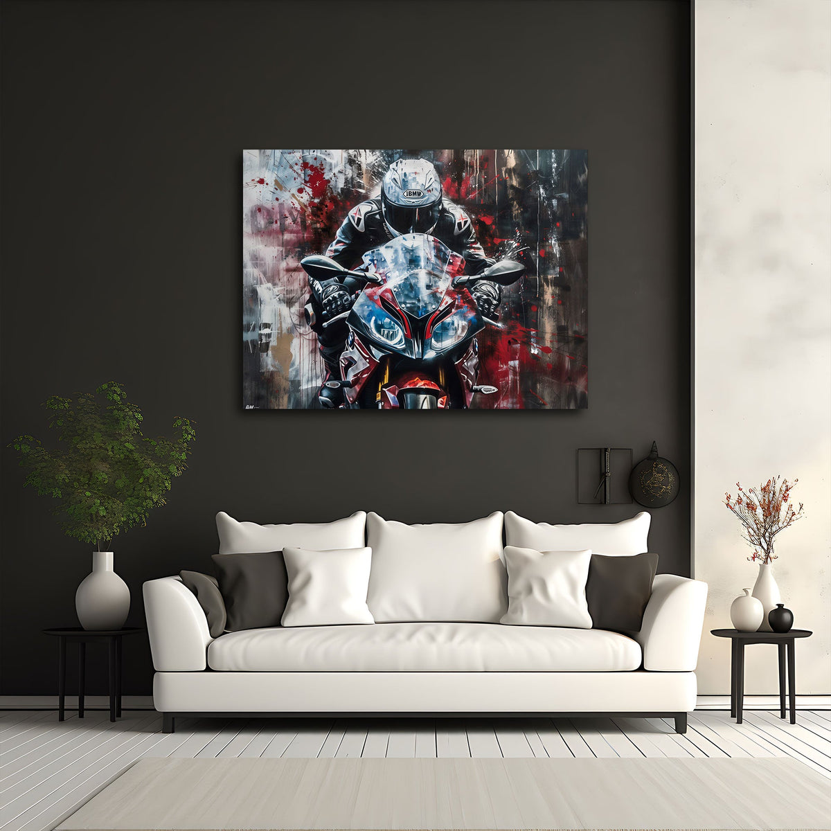 Motorrad mit Fahrer in Rot und Weiß Street Art Wandbild