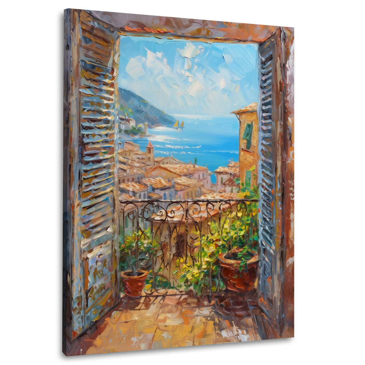 Terrasse mit Blumentöpfen und Blick aufs Meer Wandbild im Hochformat