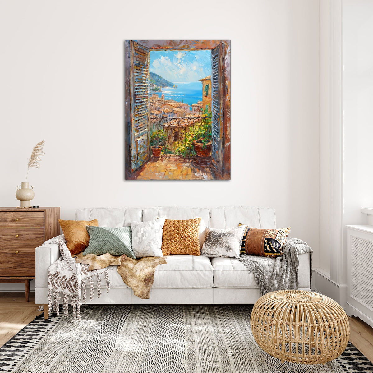 Mediterranes Terrassen Wandbild mit Meerblick über einem Sofa im Wohnraum