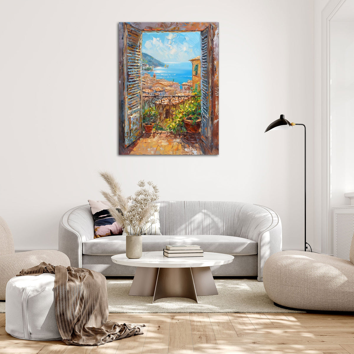 Wandbild mit Terrasse und Meerblick im Hochformat an einer Wohnraumwand