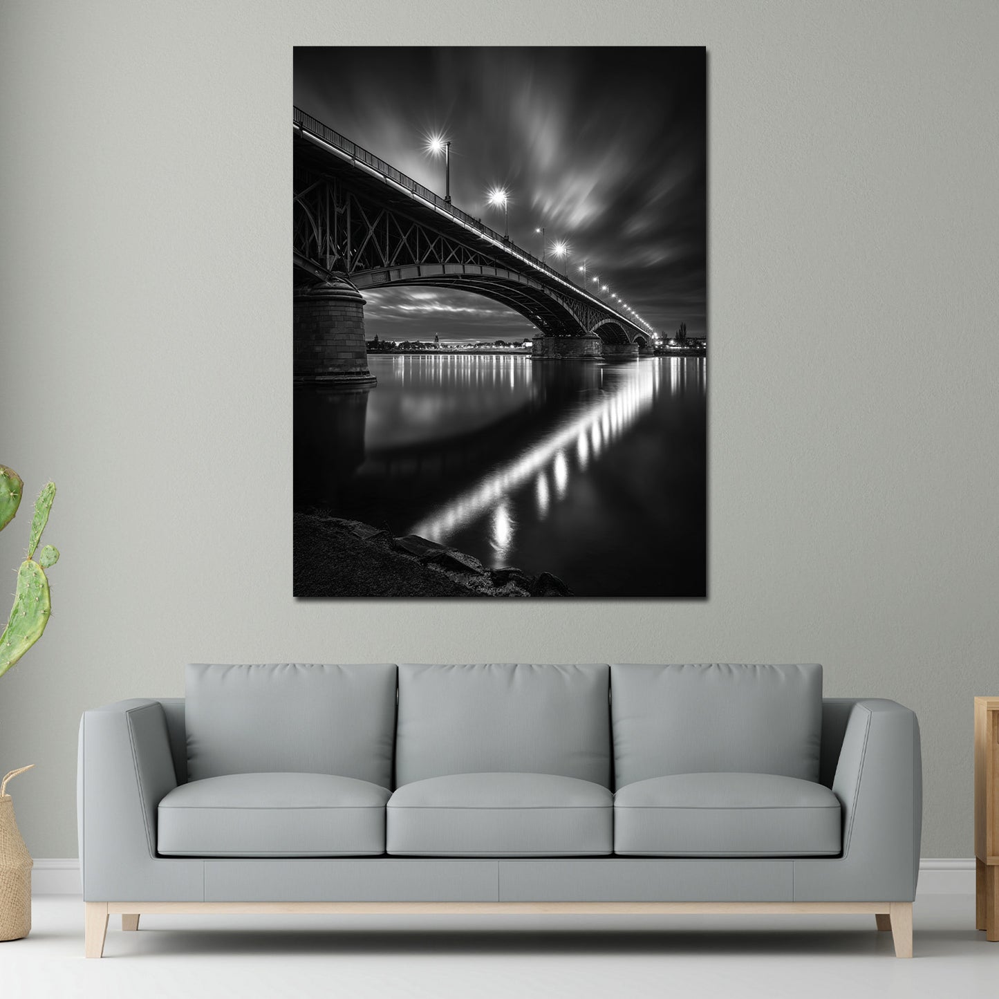 Theodor-Heuss-Brücke Mainz schwarz weiß Perspektive nachts Wandbild