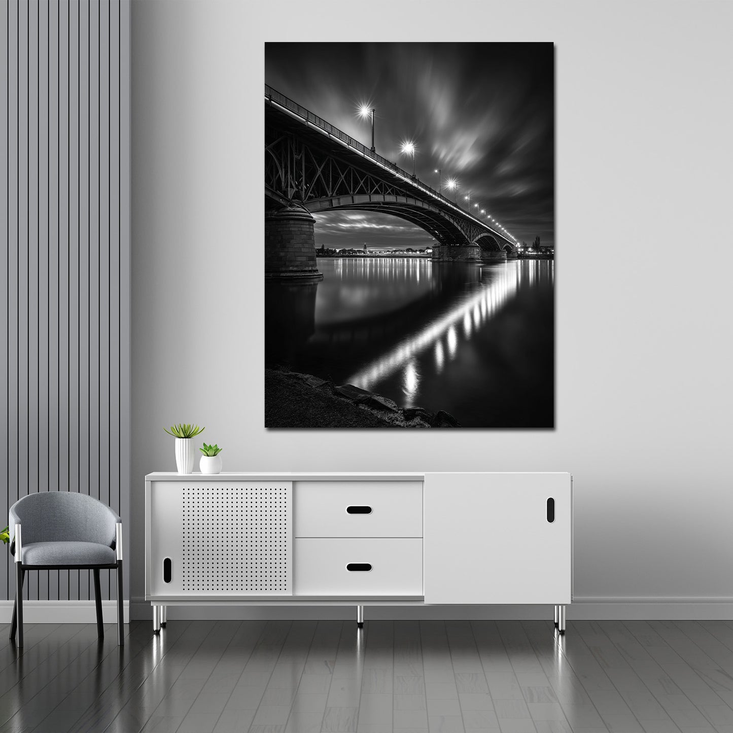 Theodor-Heuss-Brücke Mainz schwarz weiß Perspektive nachts Wandbild