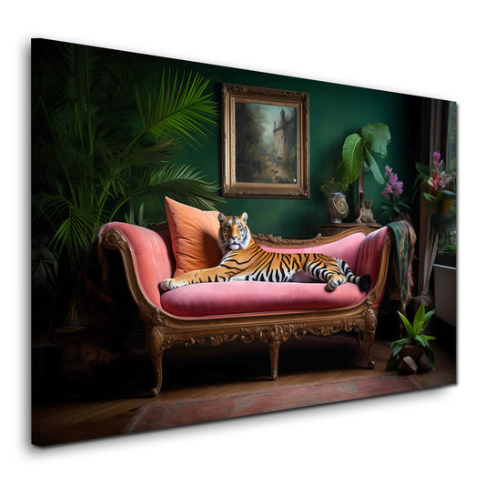 Tiger auf rosa Samtsofa - Exotisch luxuriöses Wohnzimmer Wandbild