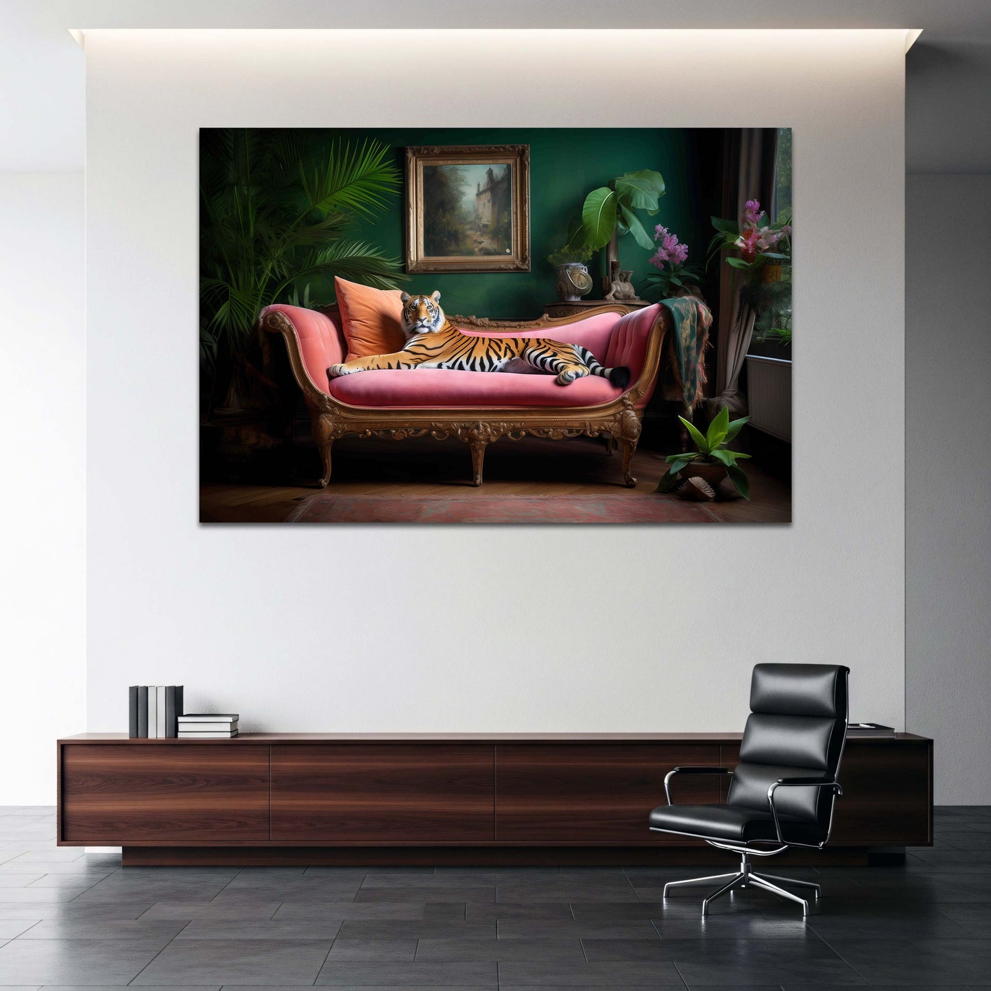 Tiger auf rosa Samtsofa - Exotisch luxuriöses Wohnzimmer Wandbild