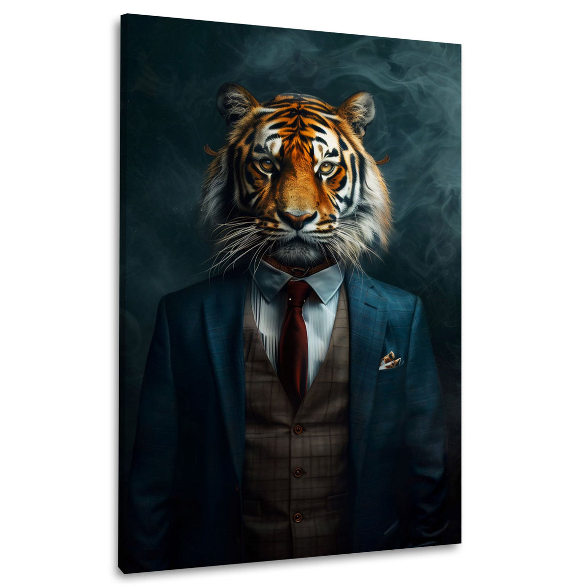 Tiger im eleganten Anzug mit Krawatte Wandbild im Hochformat