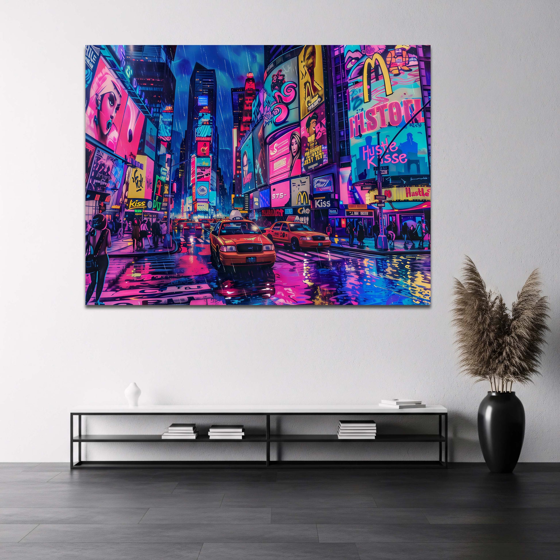 Times Square Taxis im Regen Neon Wandbild