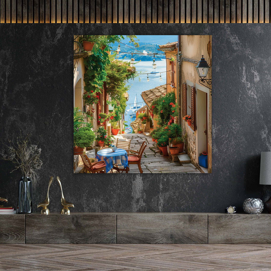 Toskana Italien Gasse See mit Segelboote Wandbild