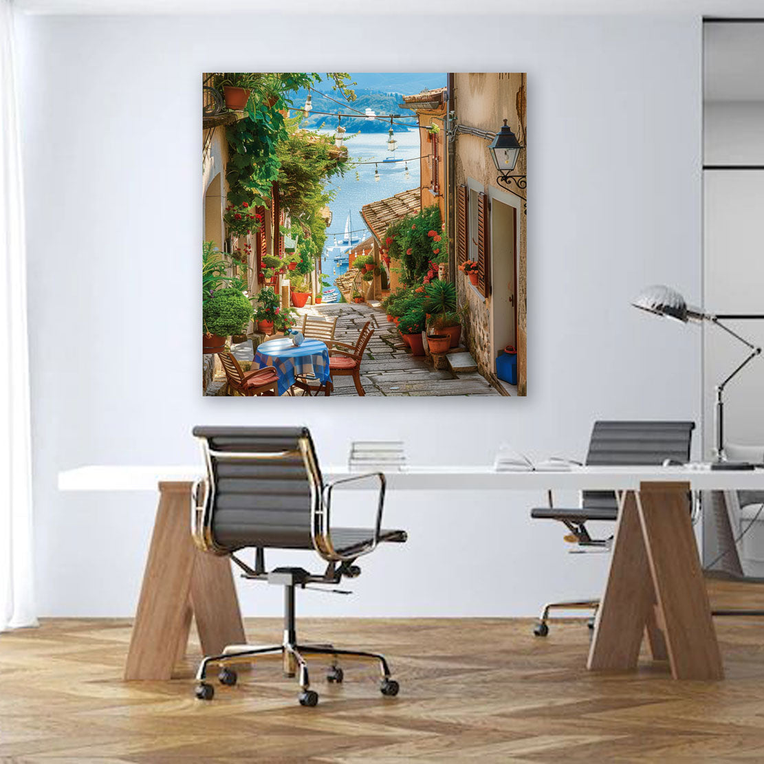Toskana Italien Gasse See mit Segelboote Wandbild