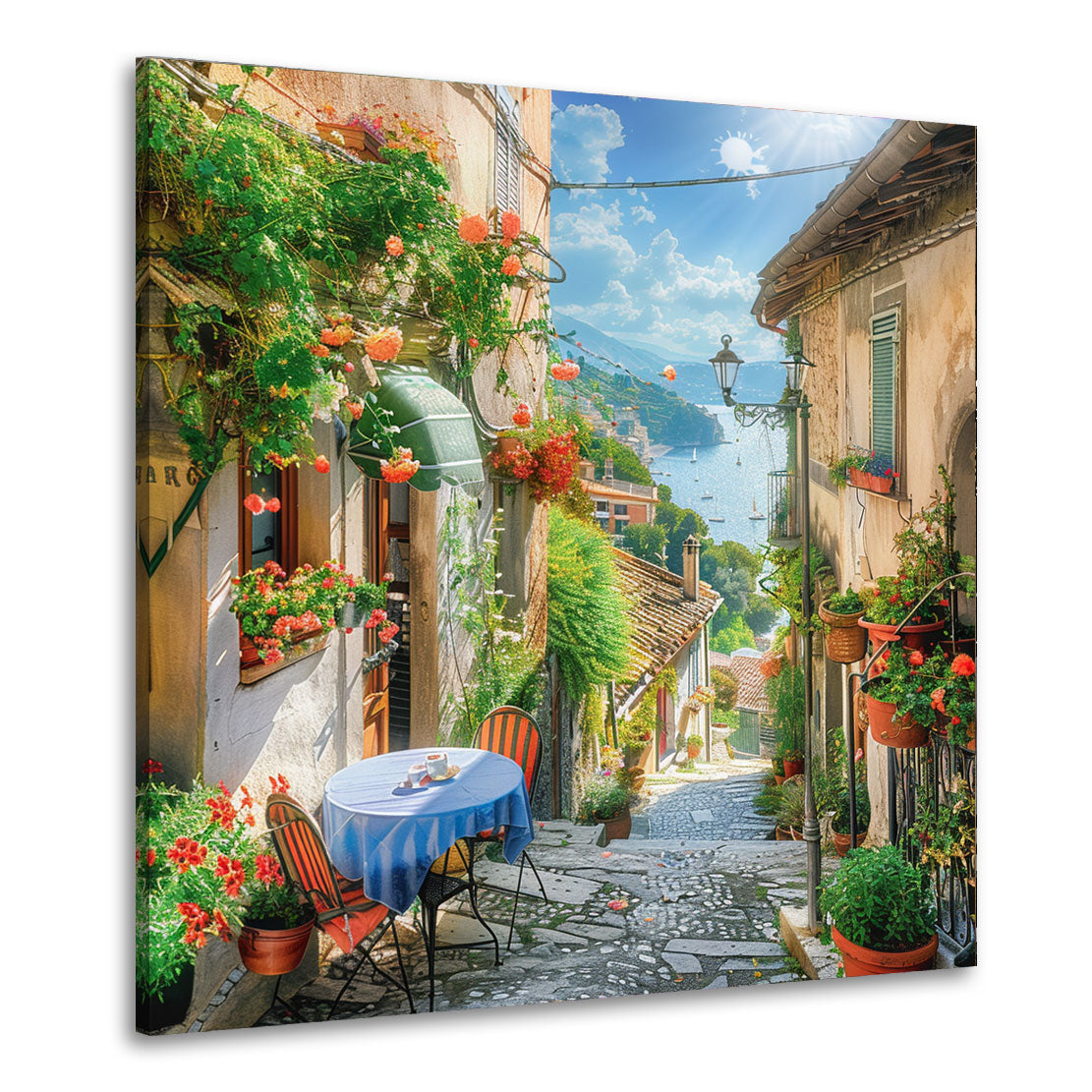 Toskanische Altstadt Café Terrasse am Meer in Italien Wandbild