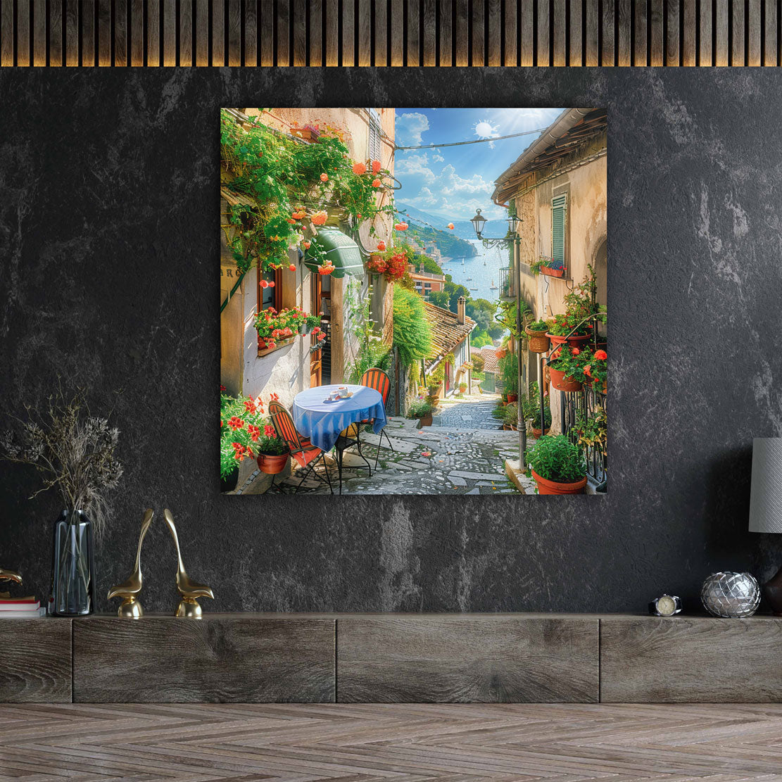 Toskanische Altstadt Café Terrasse am Meer in Italien Wandbild