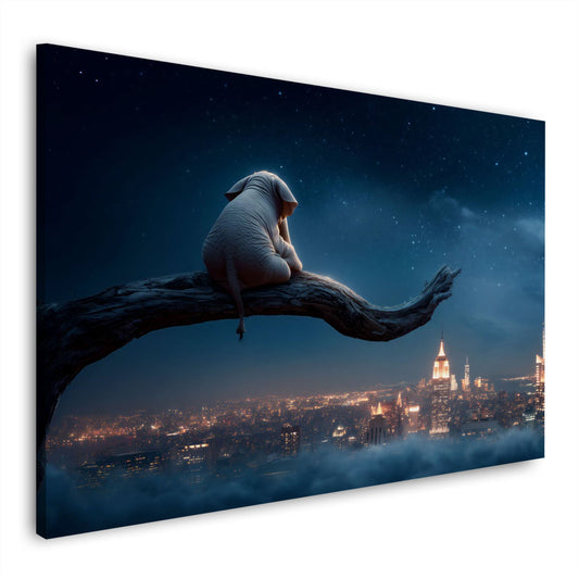Träumender Elefant auf Ast über Skyline Nacht Wandbild