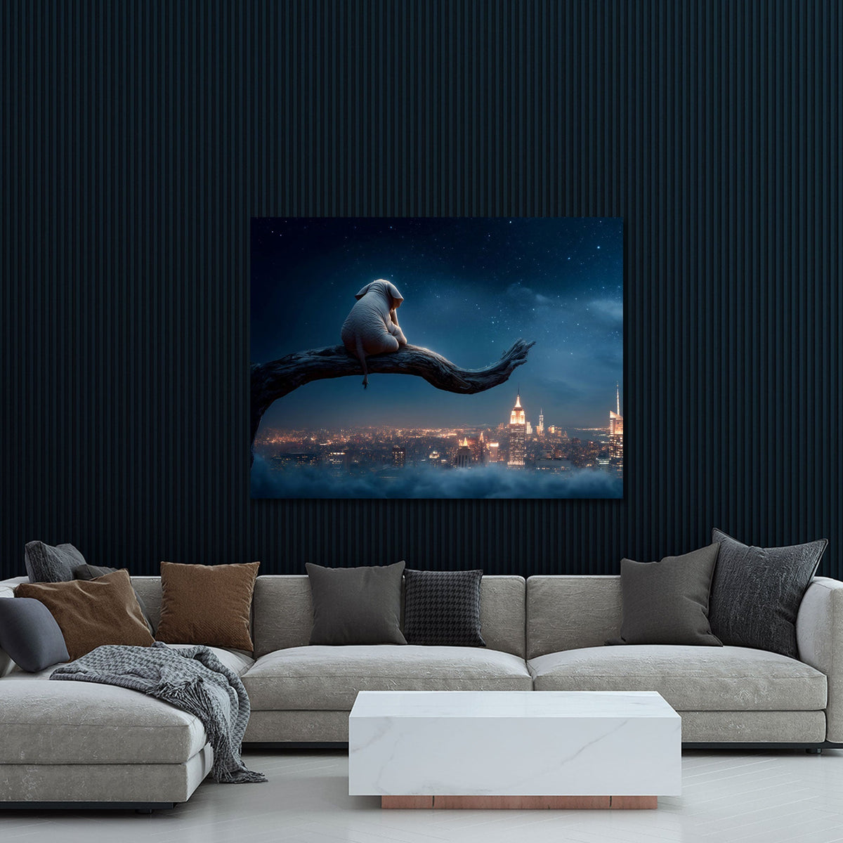 Elefant Skyline Nacht Wandbild Raumansicht