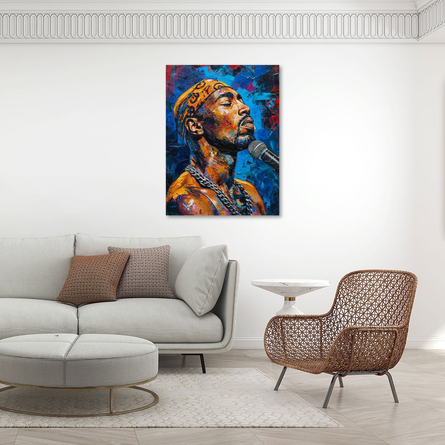 Tupac mit Mikrofon Pop Art Wandbild im Raum