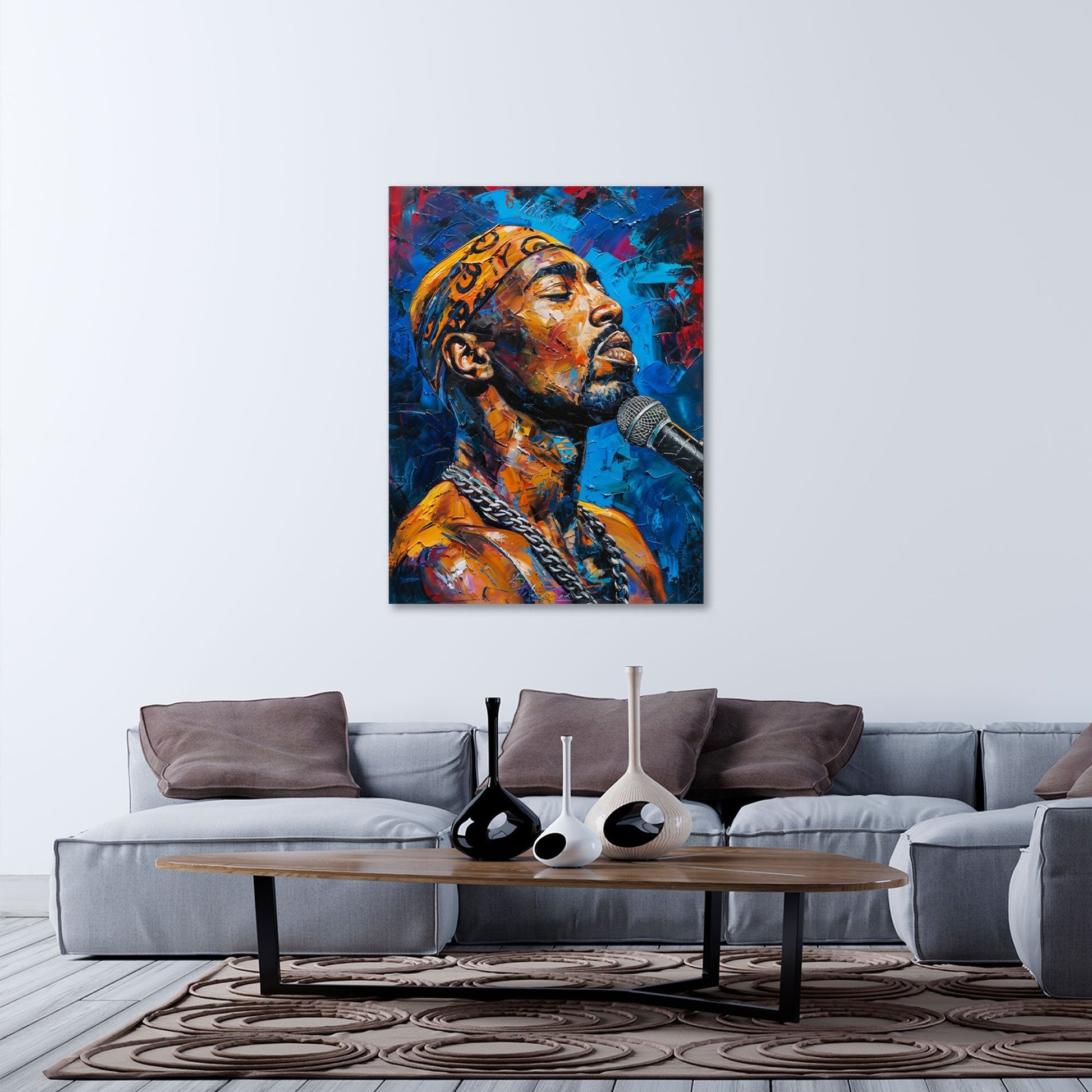 Tupac mit Mikrofon Pop Art Wandbild Wohnbeispiel