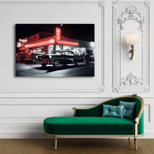 US Oldtimer Retro Diner Nachtaufnahme Neonlicht Wandbild