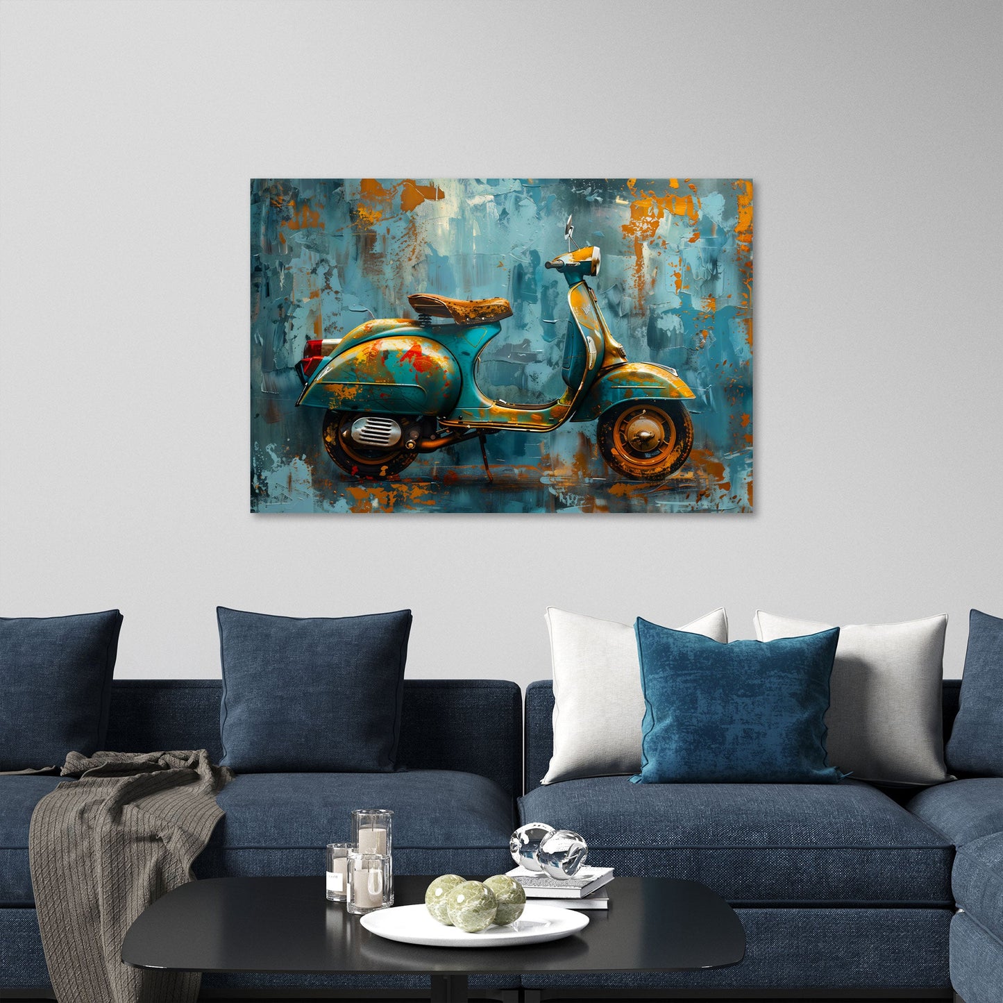 Vespa Scooter türkises Gemälde in Ölmalerei Wandbild