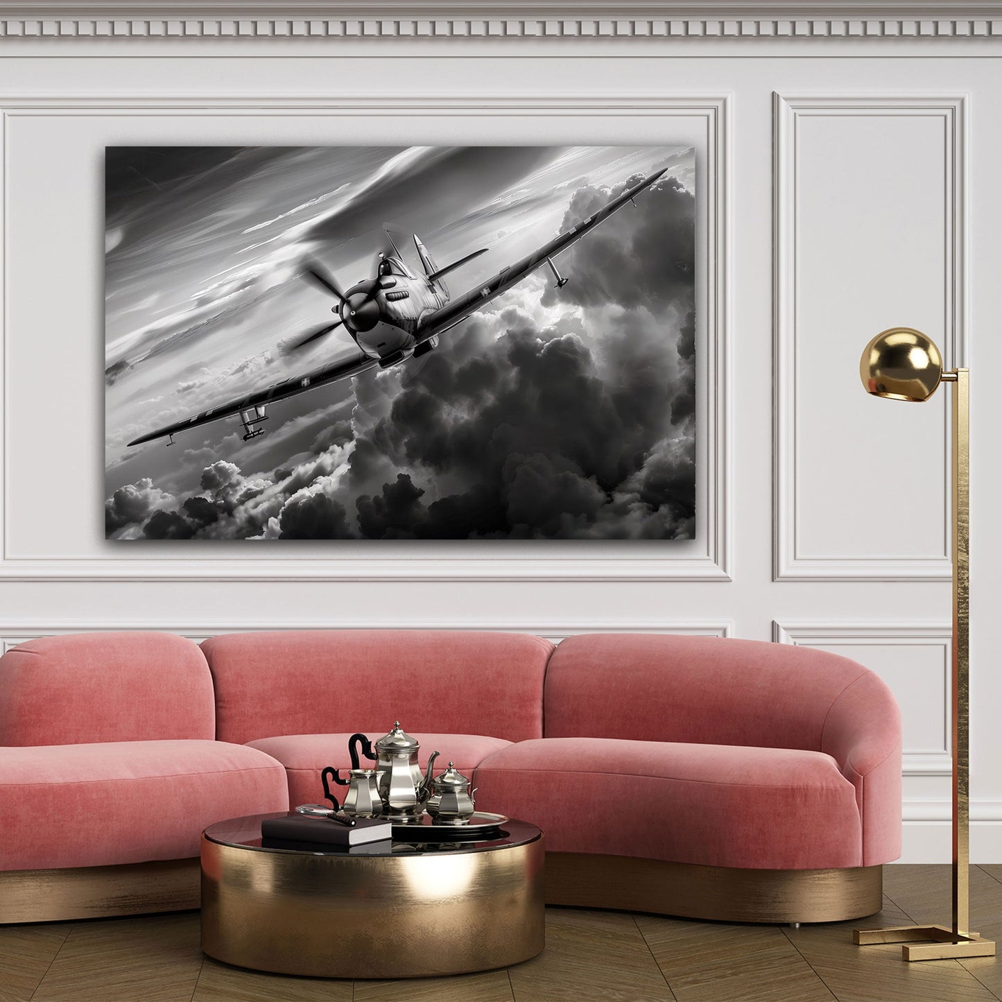 Vintage Flugzeug Schwarz-Weiß in Aquarell Wandbild