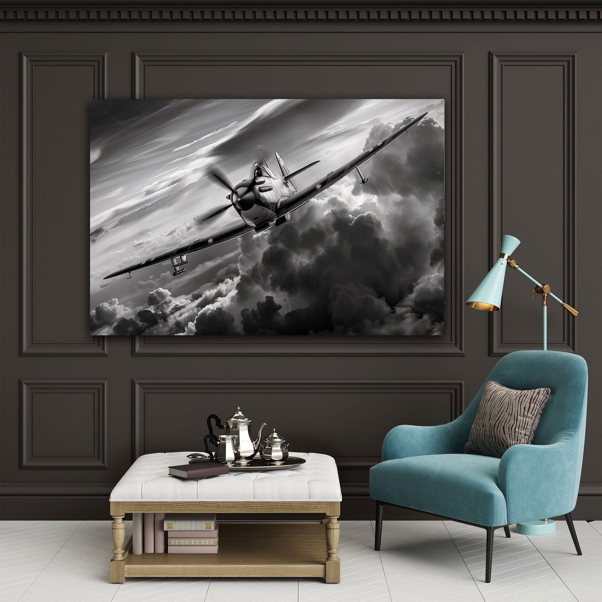Vintage Flugzeug Schwarz-Weiß in Aquarell Wandbild