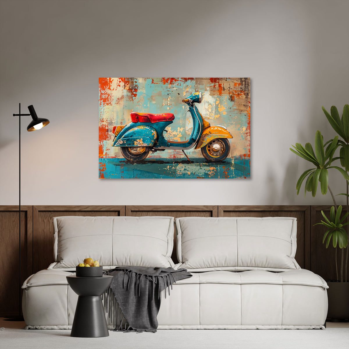 Vintage Vespa als Kunstwerk in kräftigen Tönen Wandbild