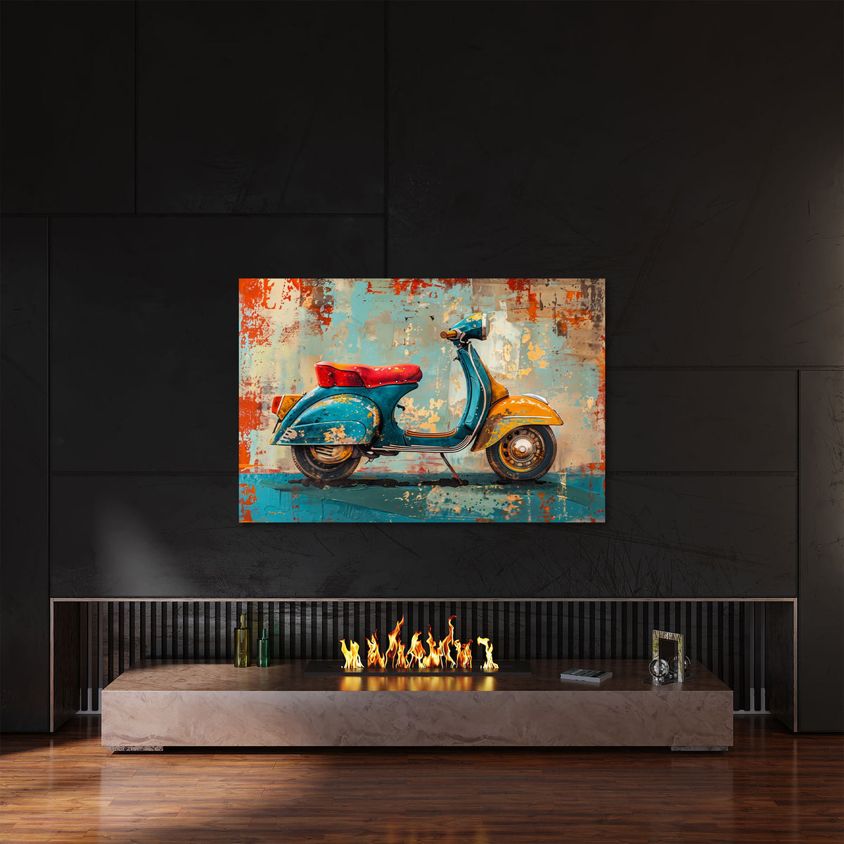 Vintage Vespa als Kunstwerk in kräftigen Tönen Wandbild