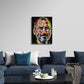 Pop Art Collage Wandbild über einem Sofa im Wohnraum