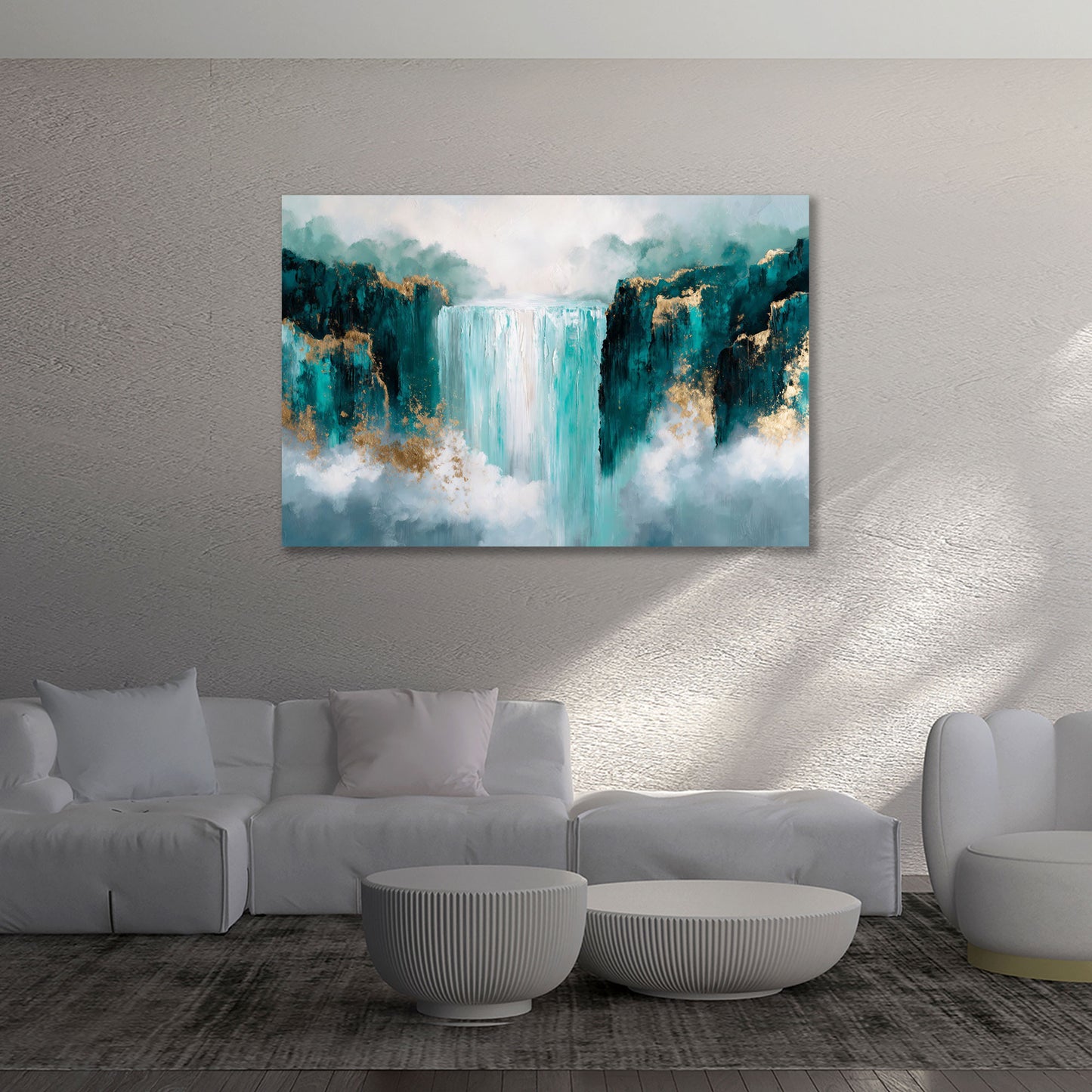 Wasserfall Landschaft abstrakt Natur türkis goldene Akzente Wandbild