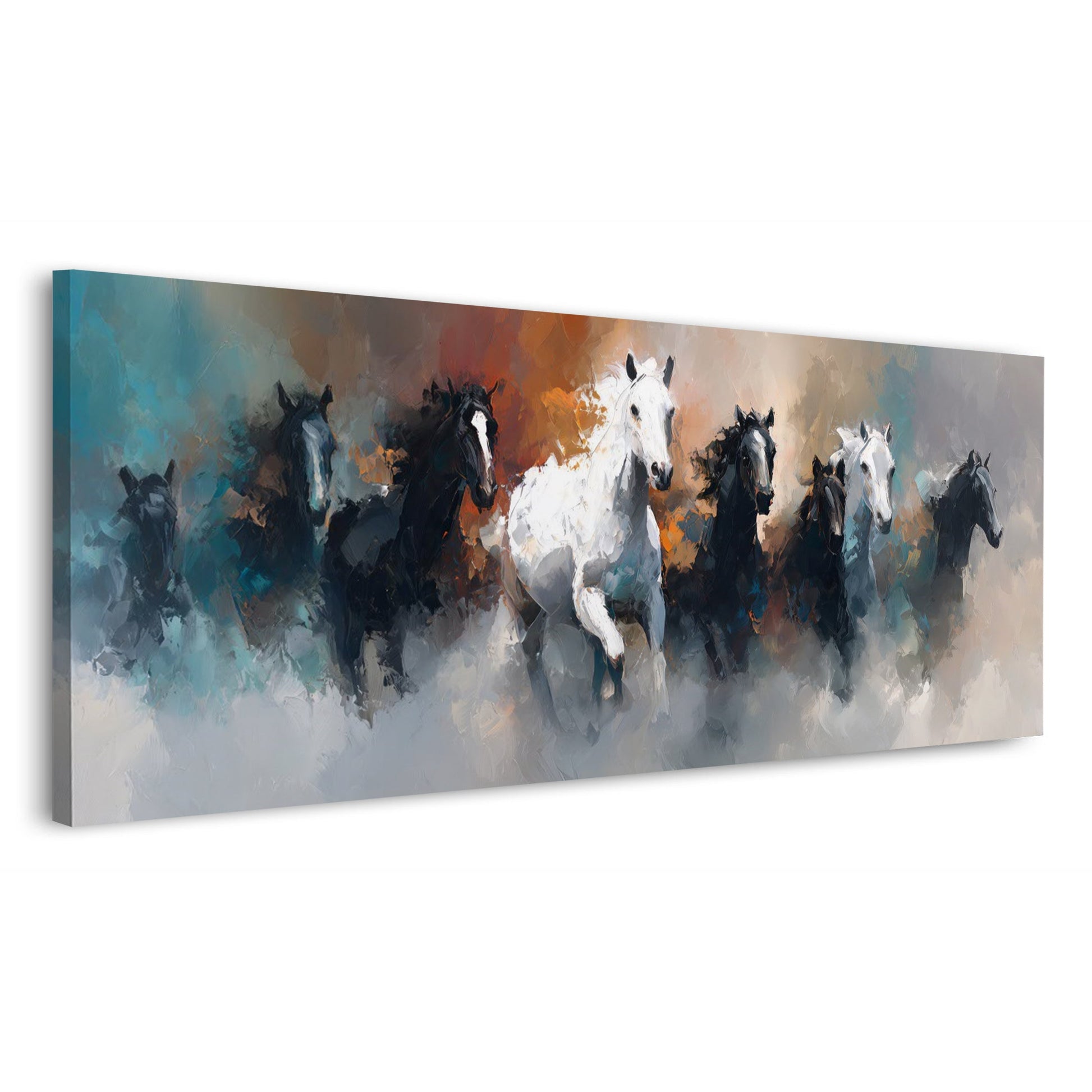 Weißes Pferd führt die Herde durch den Nebel Wandbild