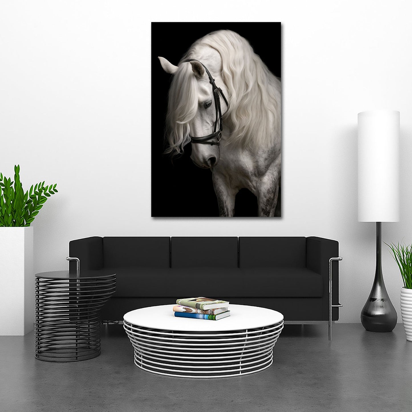 Weißes Pferd mit wallender Mähne Eleganz Wandbild