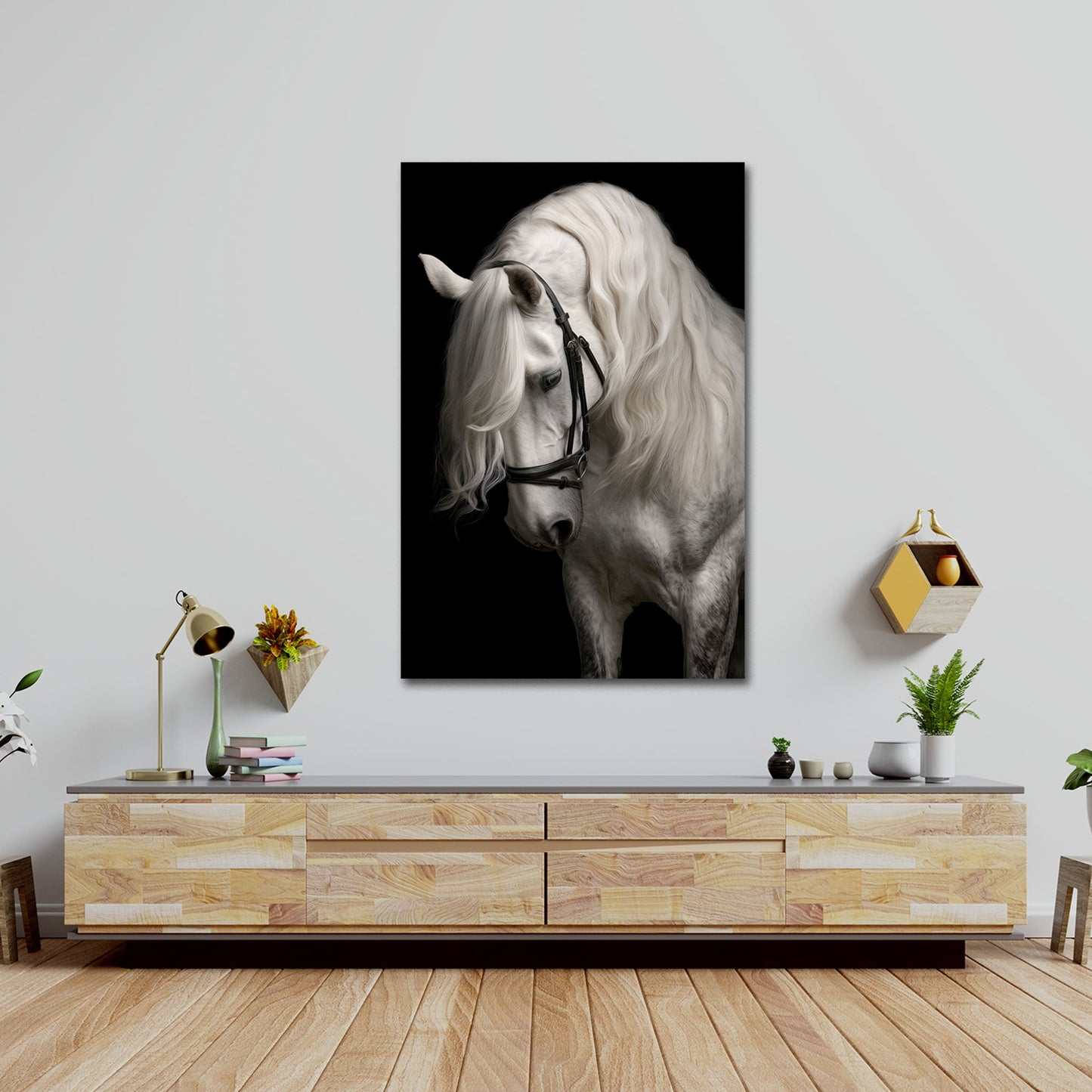 Weißes Pferd mit wallender Mähne Eleganz Wandbild