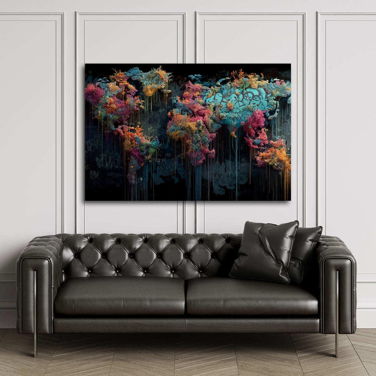 Weltkarte aus bunten Korallen auf schwarzem Grund Wandbild