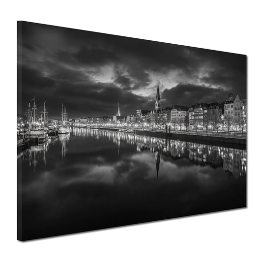 Weserpanorama Bremen schwarz weiß Altstadt Spiegelung Wandbild