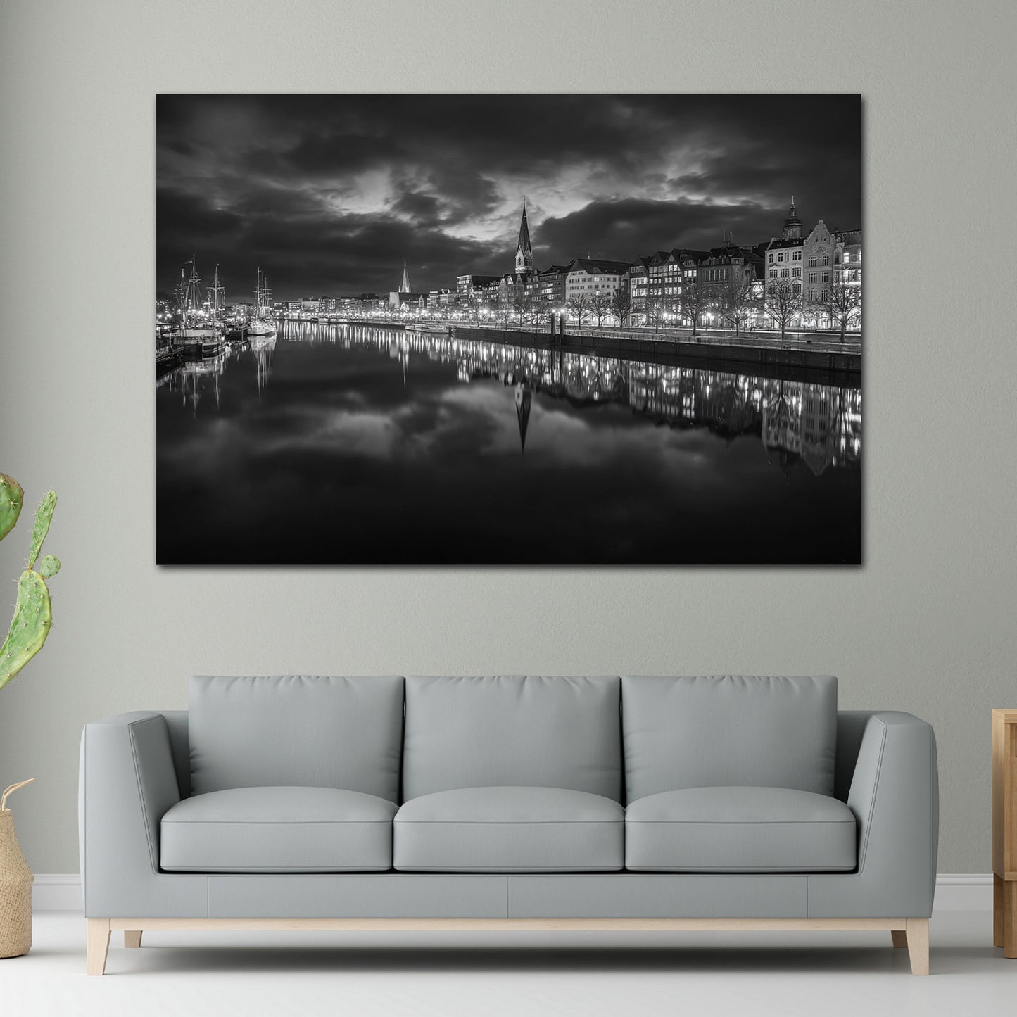 Weserpanorama Bremen schwarz weiß Altstadt Spiegelung Wandbild