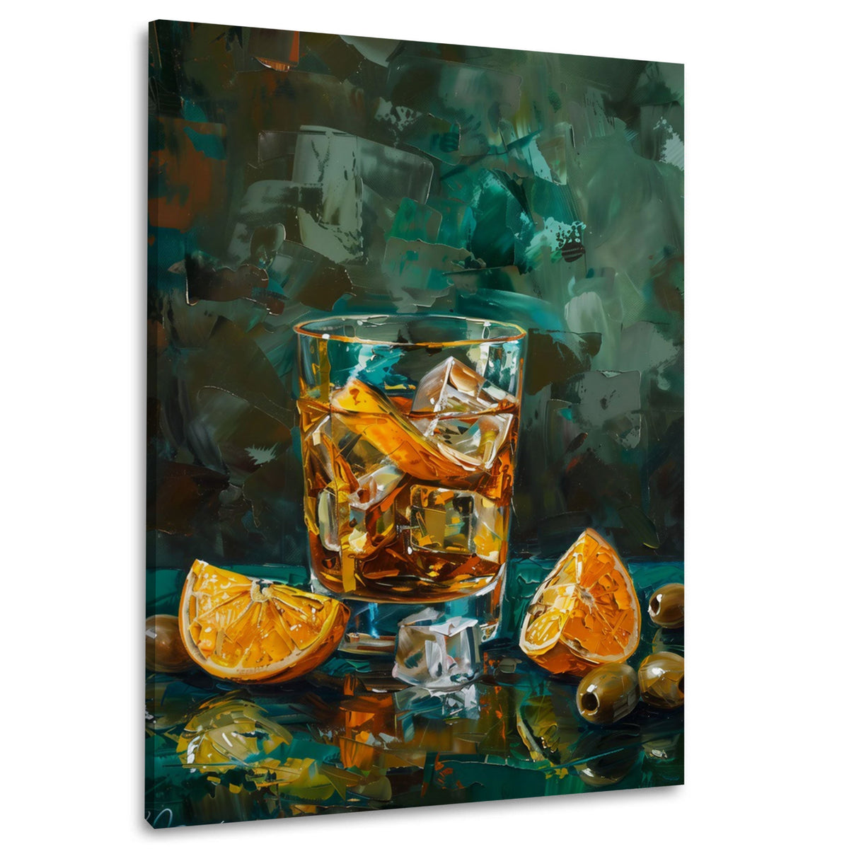 Whisky mit Orangenscheiben auf dunklem Grund Wandbild im Hochformat