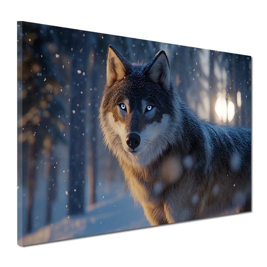 Wolf mit blauen Augen Winterwald Schneefall Wandbild