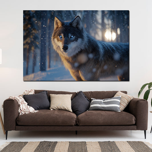 Wolf mit blauen Augen Winterwald Schneefall Wandbild