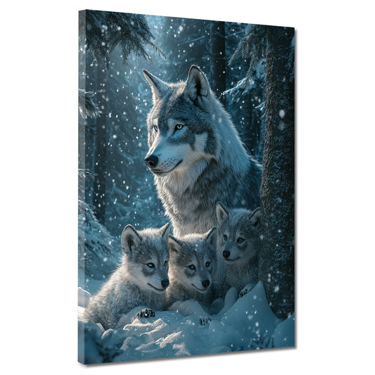 Wolf mit Jungtieren verschneiter Wald Wandbild