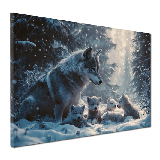 Wolf mit Welpen im Schnee inniger Moment Wandbild