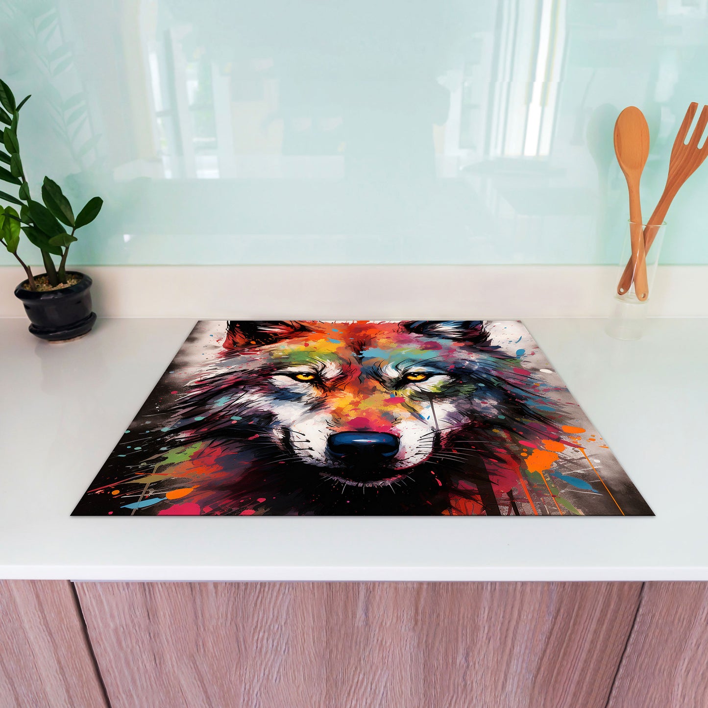 Wolf Pop Art abstrakt Herdabdeckplatte Induktionsschutz für Ceranfeld & Küche Deko