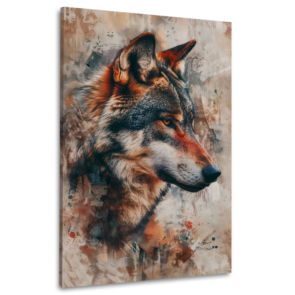 Wolfskopf in Braun und Beige mit Farbspuren Wandbild